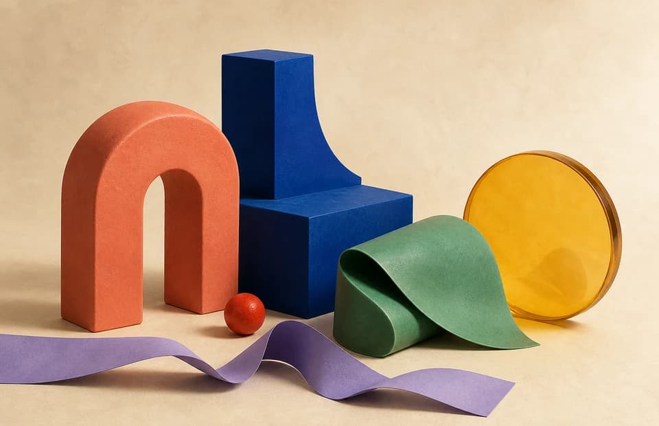 Studio color study with coral, blue, green, yellow, purple, and warm neutral geometric forms